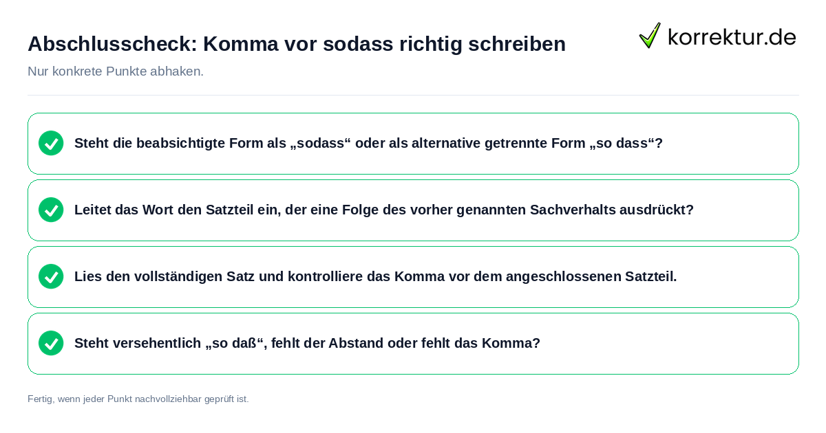 Konkreter Abschlusscheck zu Komma vor sodass richtig schreiben