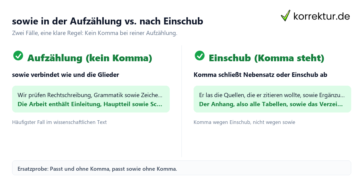 sowie in der Aufzählung vs. nach Einschub Komma vor sowie: Aufzählung ohne Komma versus Einschub mit Komma