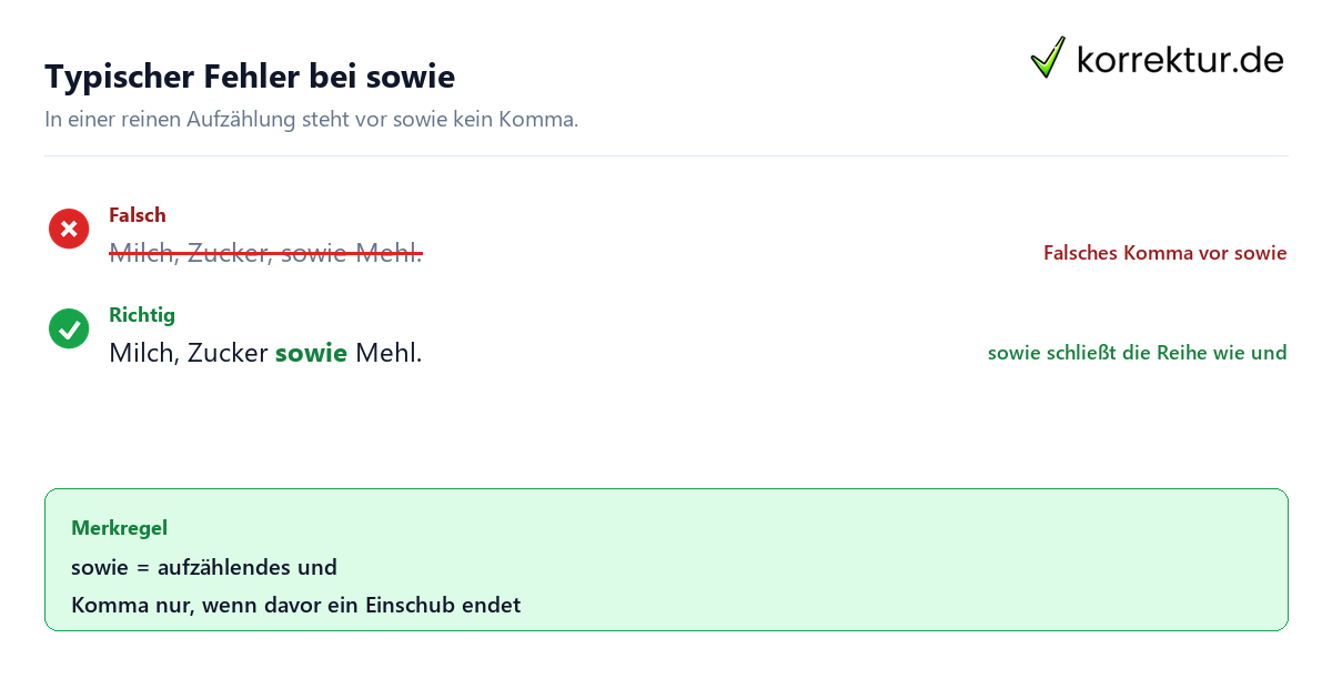 Komma vor sowie: typischer Fehler in einer Aufzählung mit Korrektur