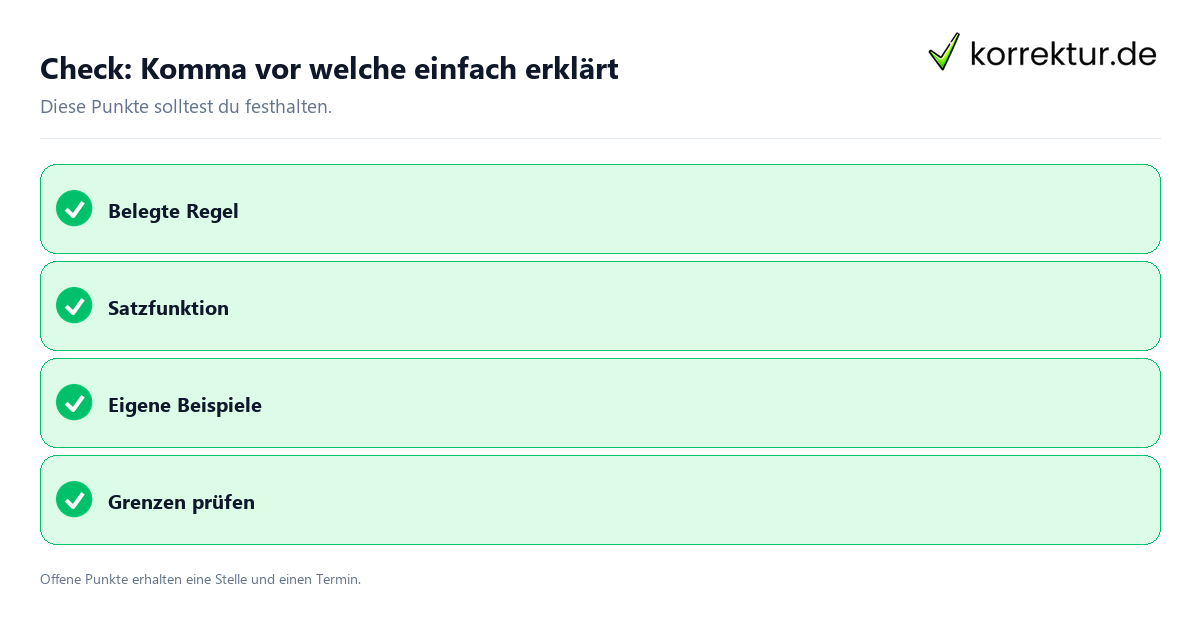 Komma vor welche einfach erklärt mit Checkliste für Unterlagen und nächste Schritte