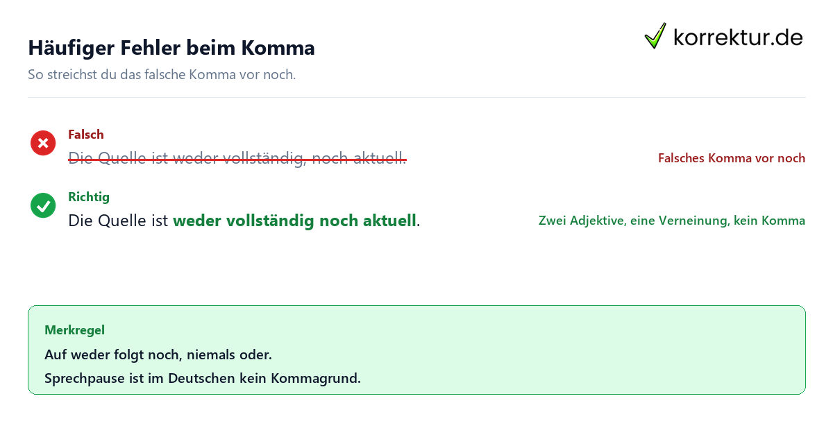 Komma bei weder noch, typischer Fehler und Korrektur