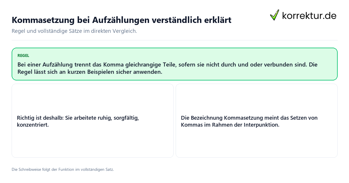 Konkrete Regel und vollständige Beispielsätze zu Kommasetzung bei Aufzählungen verständlich erklärt
