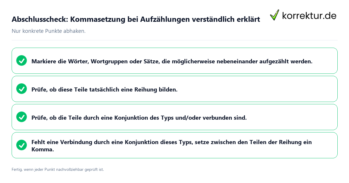 Konkreter Abschlusscheck zu Kommasetzung bei Aufzählungen verständlich erklärt