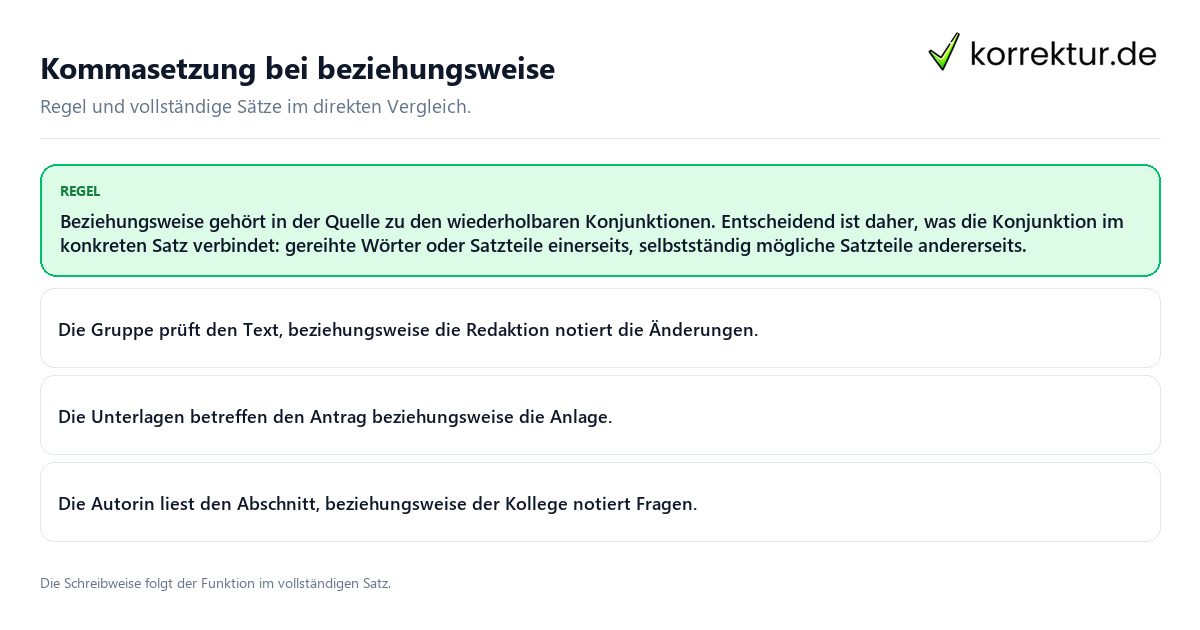 Konkrete Regel und vollständige Beispielsätze zu Kommasetzung bei beziehungsweise