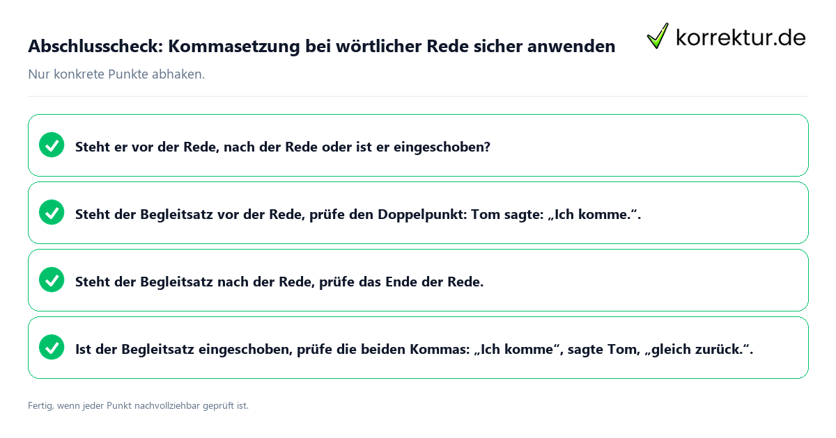 Konkreter Abschlusscheck zu Kommasetzung bei wörtlicher Rede sicher anwenden