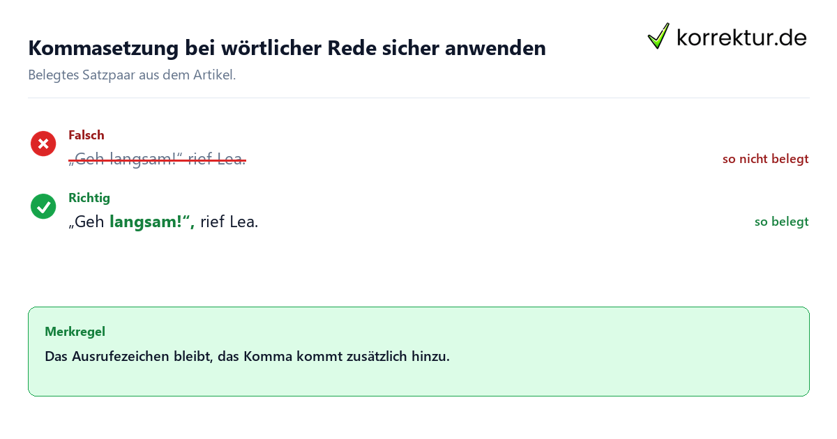 Falsches und richtiges Satzbeispiel zu Kommasetzung bei wörtlicher Rede sicher anwenden