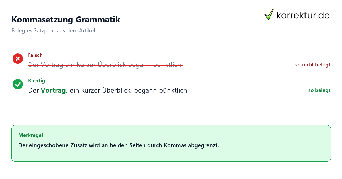 Falsches und richtiges Satzbeispiel zu Kommasetzung Grammatik