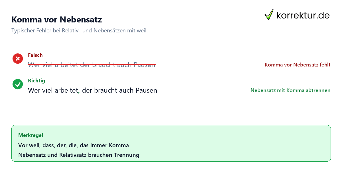Komma vor Nebensatz Kommasetzung online mit KI prüfen kostenlos Beispiel