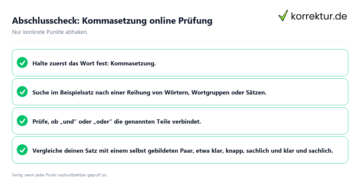 Konkreter Abschlusscheck zu Kommasetzung online Prüfung