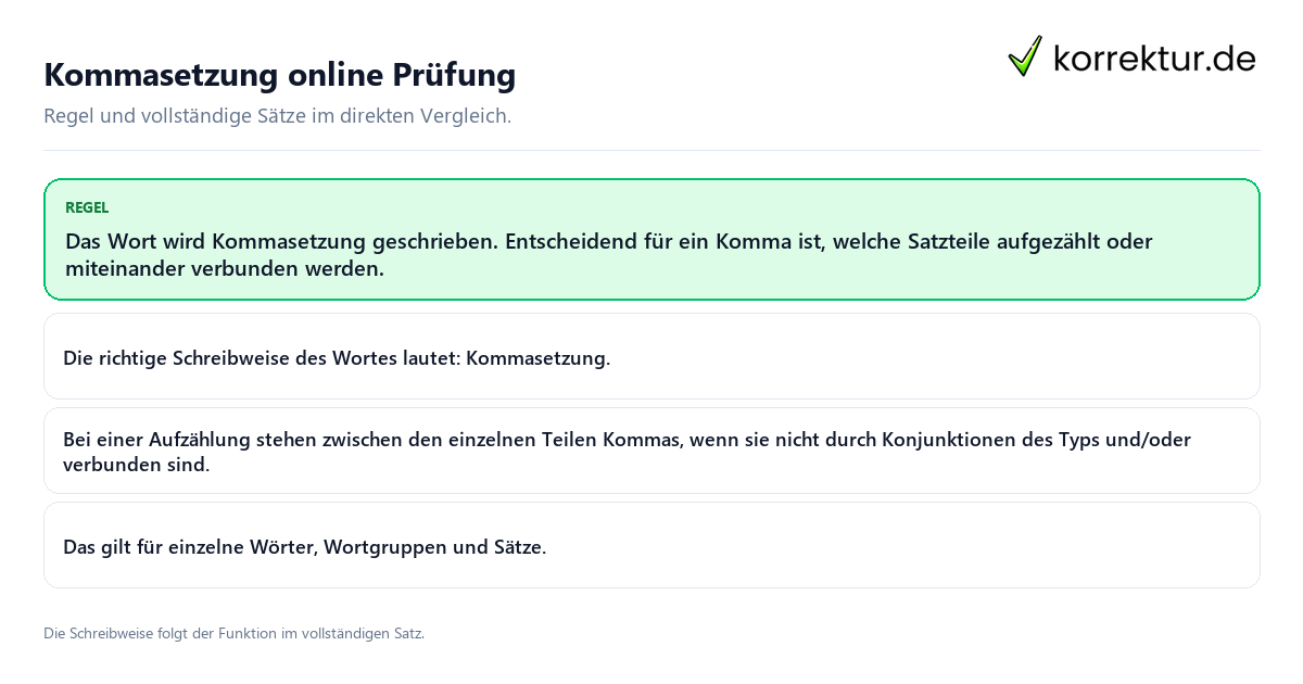 Konkrete Regel und vollständige Beispielsätze zu Kommasetzung online Prüfung