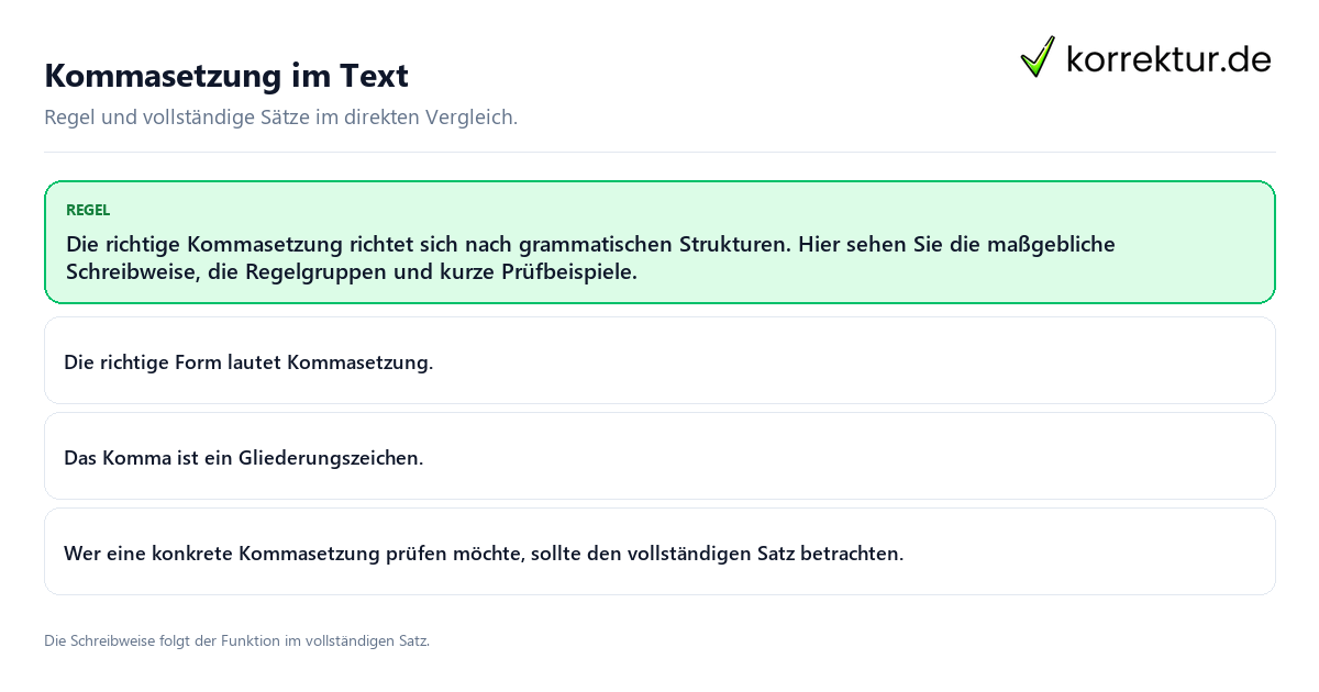 Konkrete Regel und vollständige Beispielsätze zu Kommasetzung im Text