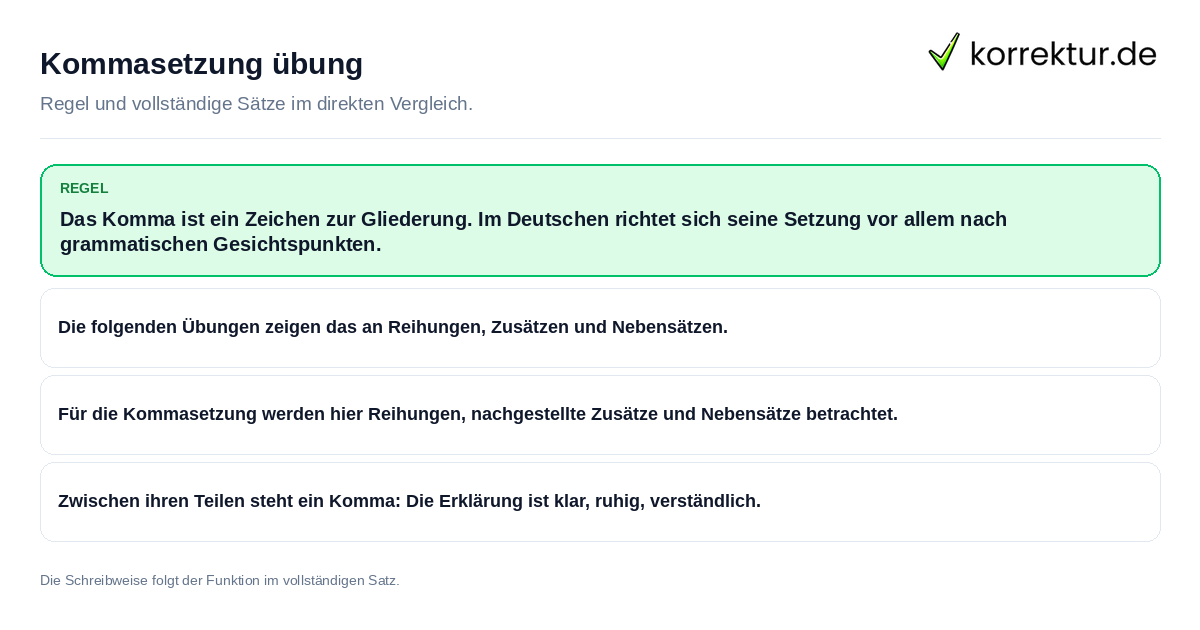 Konkrete Regel und vollständige Beispielsätze zu Kommasetzung übung