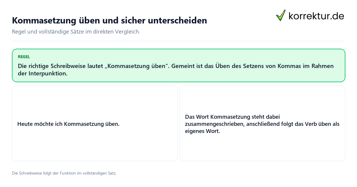 Konkrete Regel und vollständige Beispielsätze zu Kommasetzung üben und sicher unterscheiden