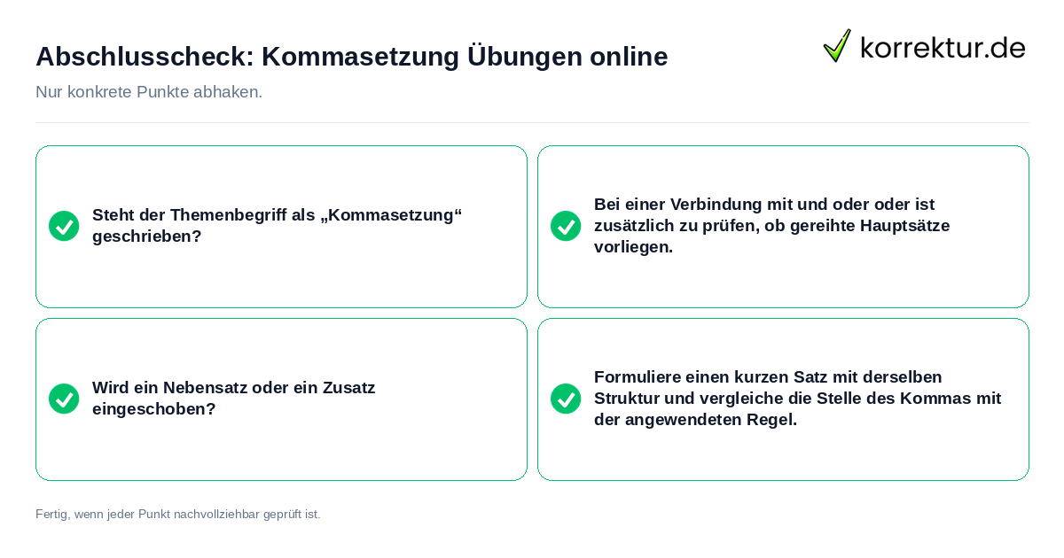 Konkreter Abschlusscheck zu Kommasetzung Übungen online