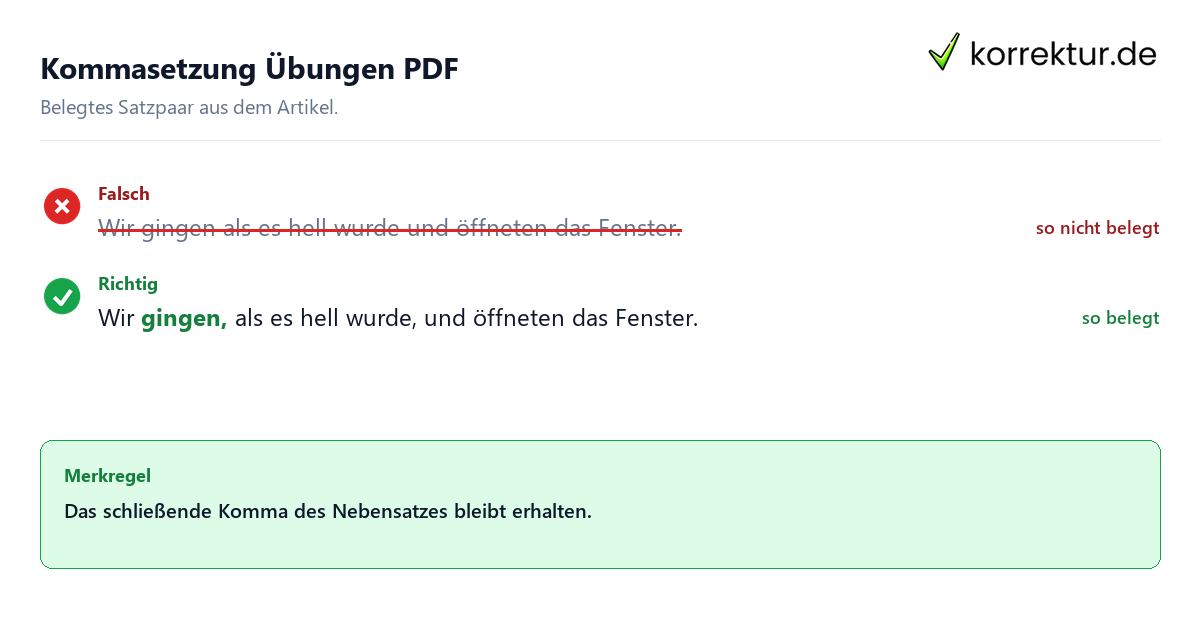 Falsches und richtiges Satzbeispiel zu Kommasetzung Übungen PDF
