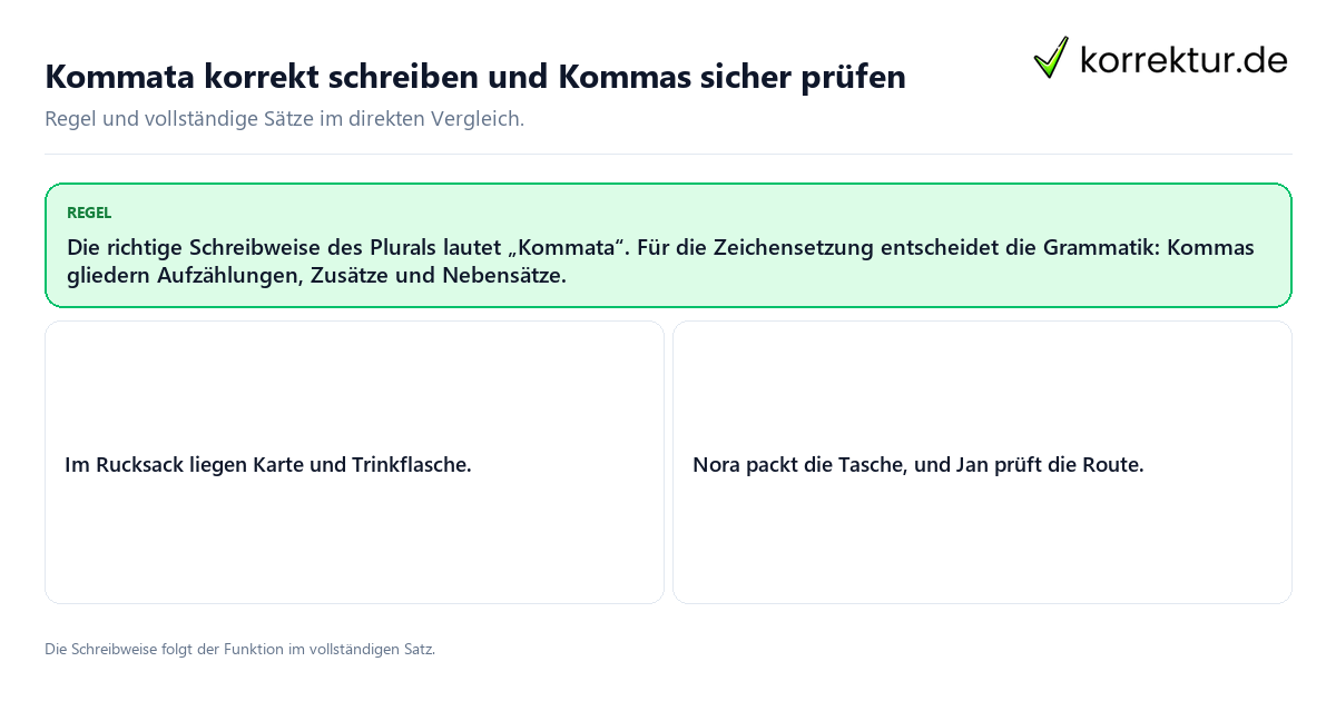Konkrete Regel und vollständige Beispielsätze zu Kommata korrekt schreiben und Kommas sicher prüfen