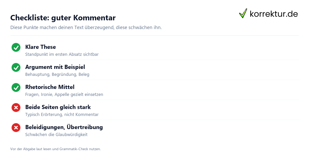 Kommentar schreiben: Checkliste für starke Argumente und Sprache