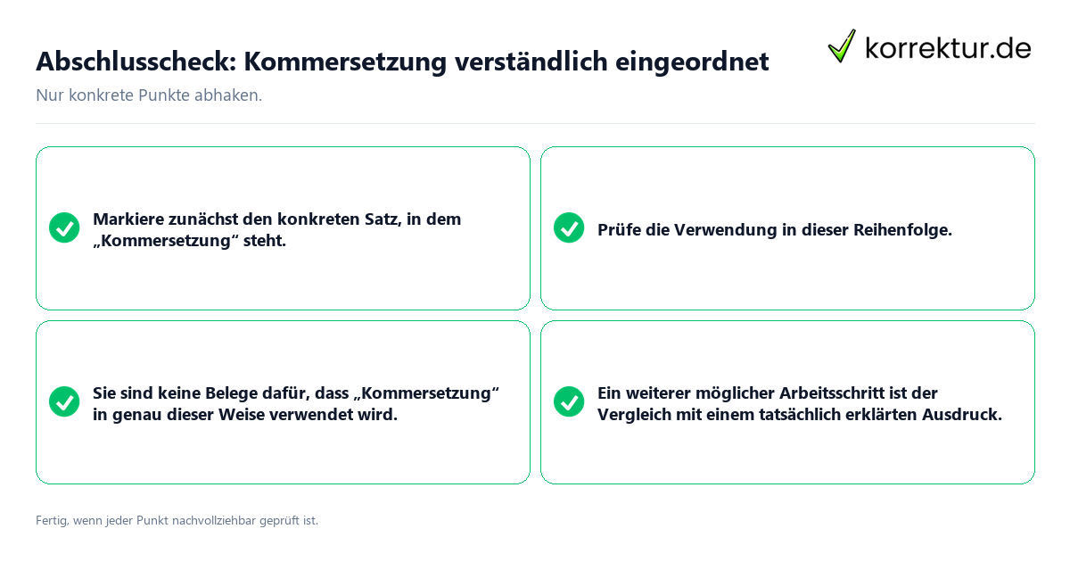 Konkreter Abschlusscheck zu Kommersetzung verständlich eingeordnet