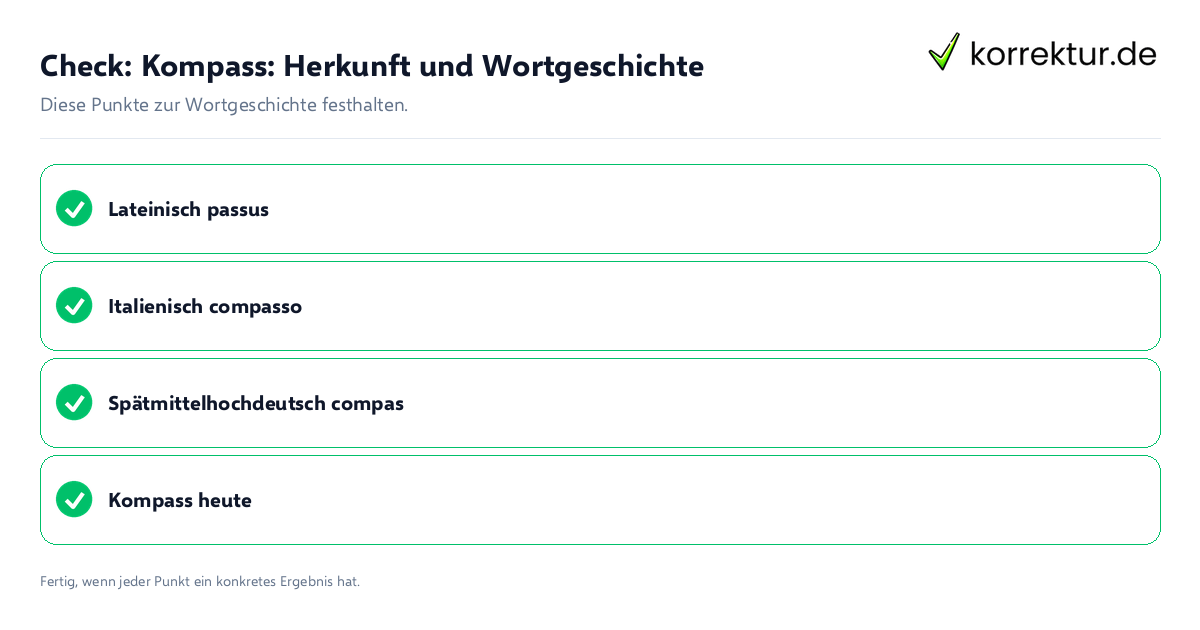 Kompass: Herkunft und Wortgeschichte: Prüfliste mit vier Punkten
