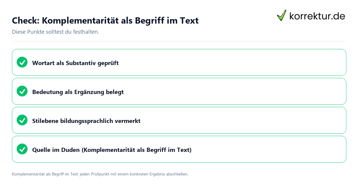 Komplementarität als Begriff im Text mit einer themenspezifischen Checkliste