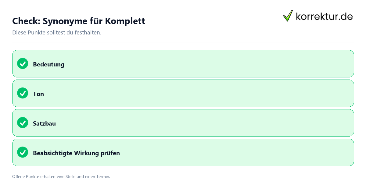 Synonyme für Komplett mit Checkliste für Unterlagen und nächste Schritte
