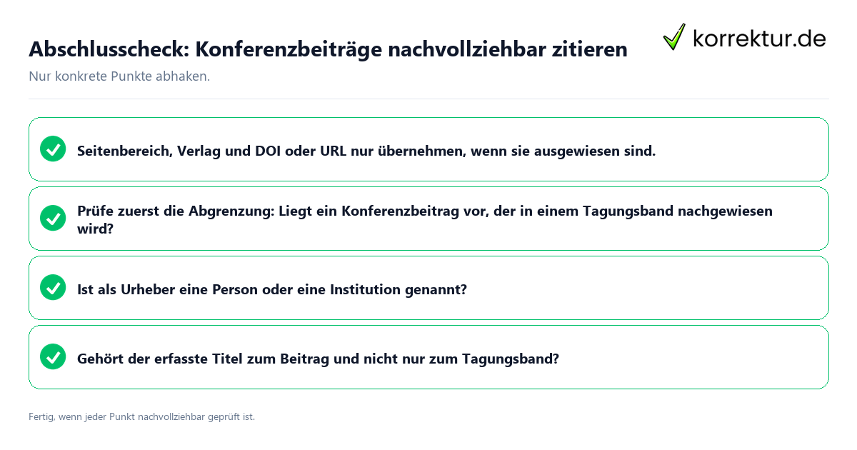 Konkreter Abschlusscheck zu Konferenzbeiträge nachvollziehbar zitieren