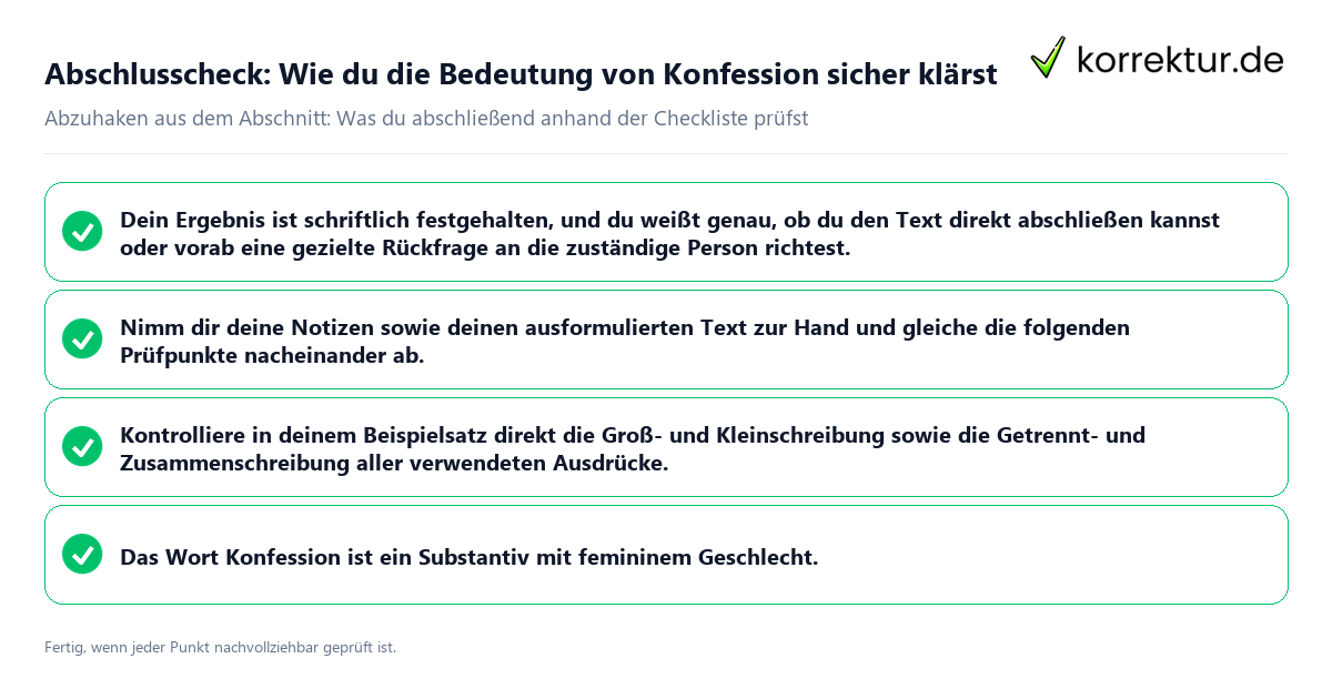 Konkreter Abschlusscheck zu Wie du die Bedeutung von Konfession sicher klärst
