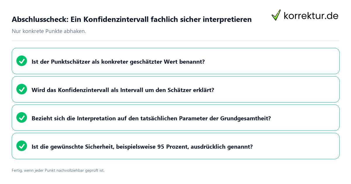 Abschlusscheck: Ein Konfidenzintervall fachlich sicher interpretieren Konkreter Abschlusscheck zu Ein Konfidenzintervall fachlich sicher interpretieren