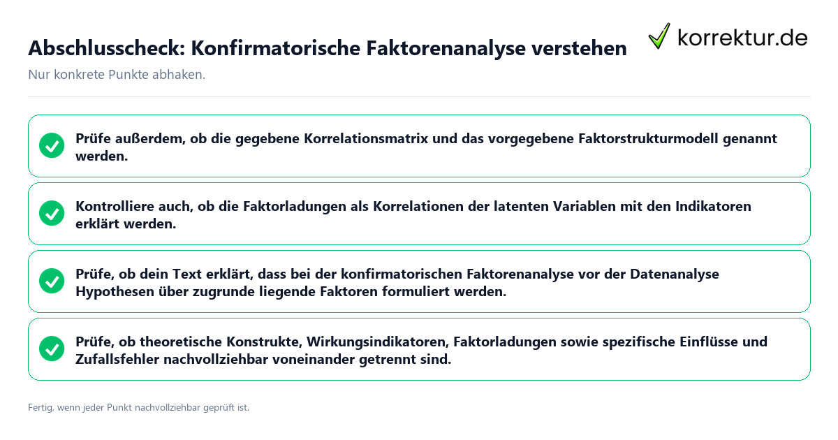 Konkreter Abschlusscheck zu Konfirmatorische Faktorenanalyse verstehen