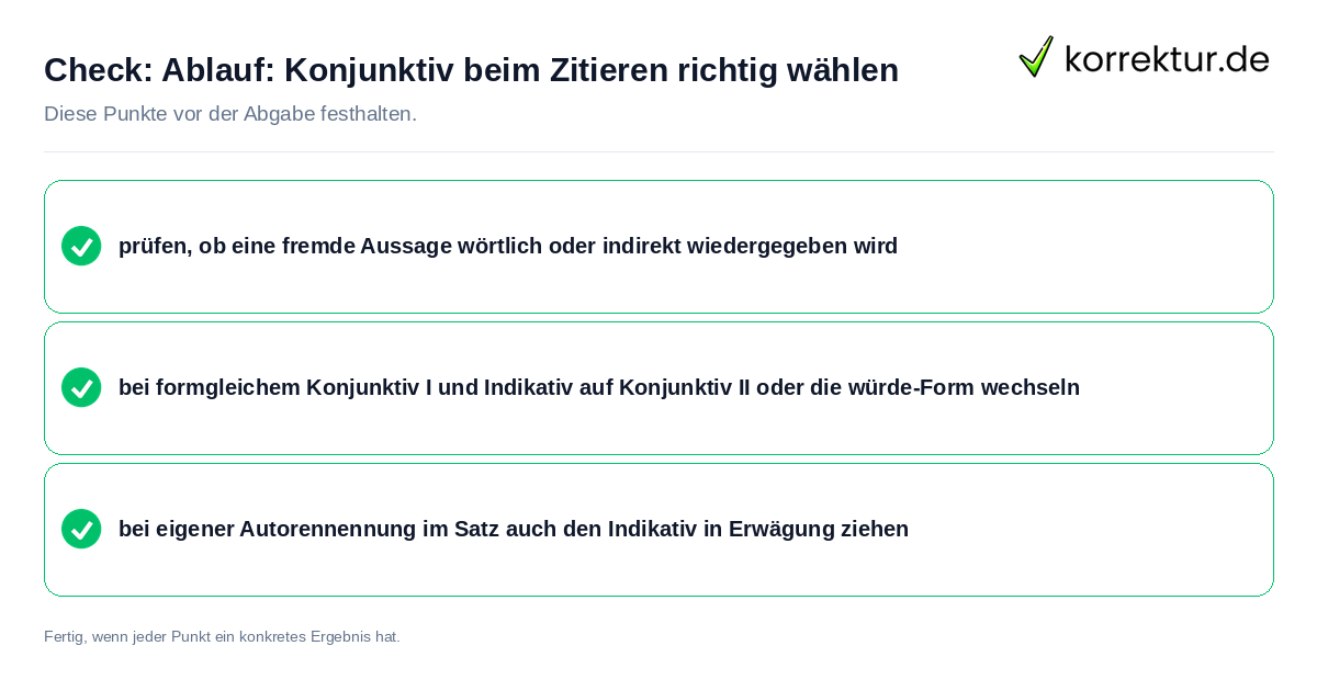 Ablauf: Konjunktiv beim Zitieren richtig wählen: Prüfliste mit vier Punkten
