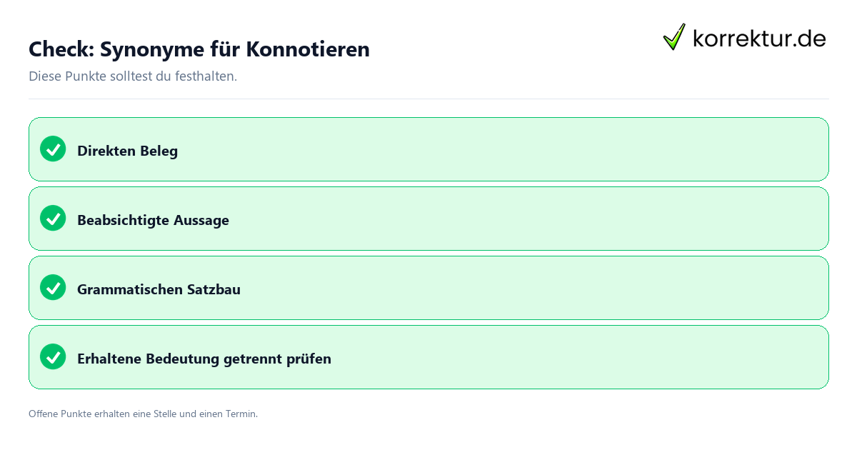 Synonyme für Konnotieren mit Checkliste für Unterlagen und nächste Schritte