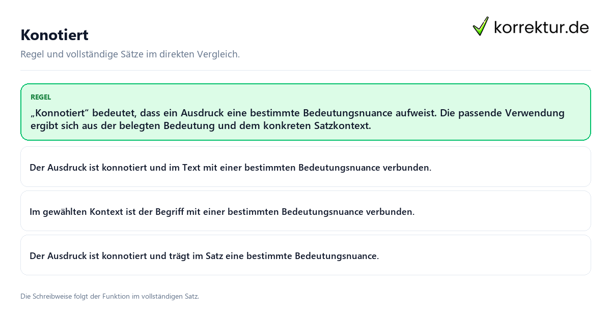 Konkrete Regel und vollständige Beispielsätze zu Konotiert