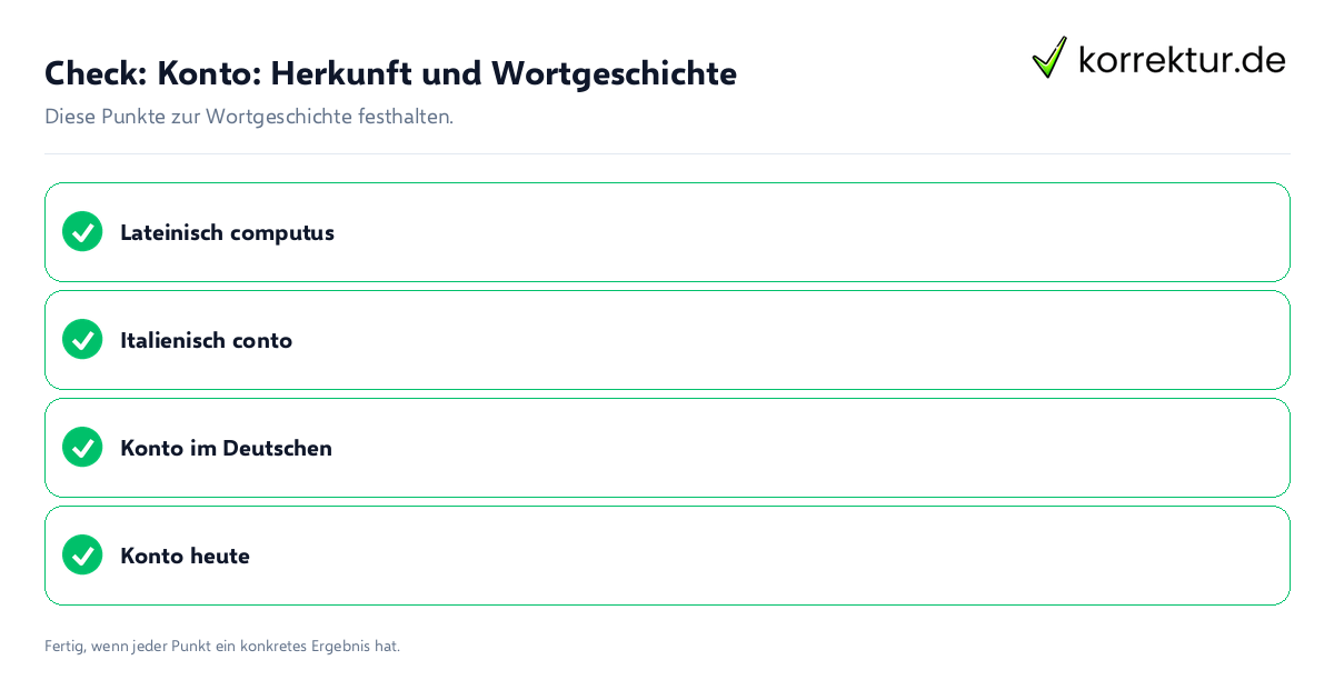 Konto: Herkunft und Wortgeschichte: Prüfliste mit vier Punkten