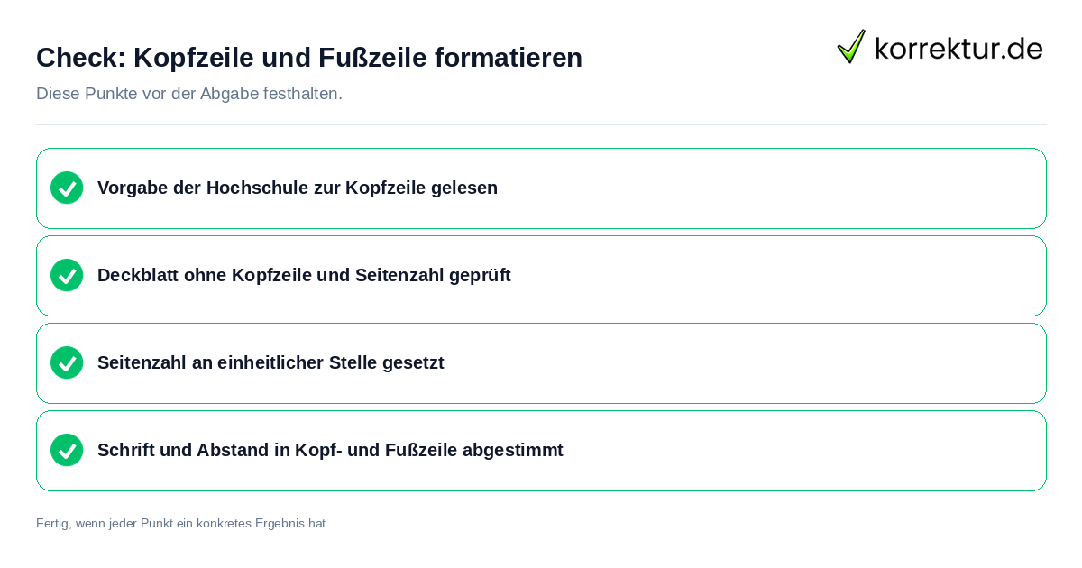 Kopfzeile und Fußzeile formatieren: Prüfliste mit vier Punkten