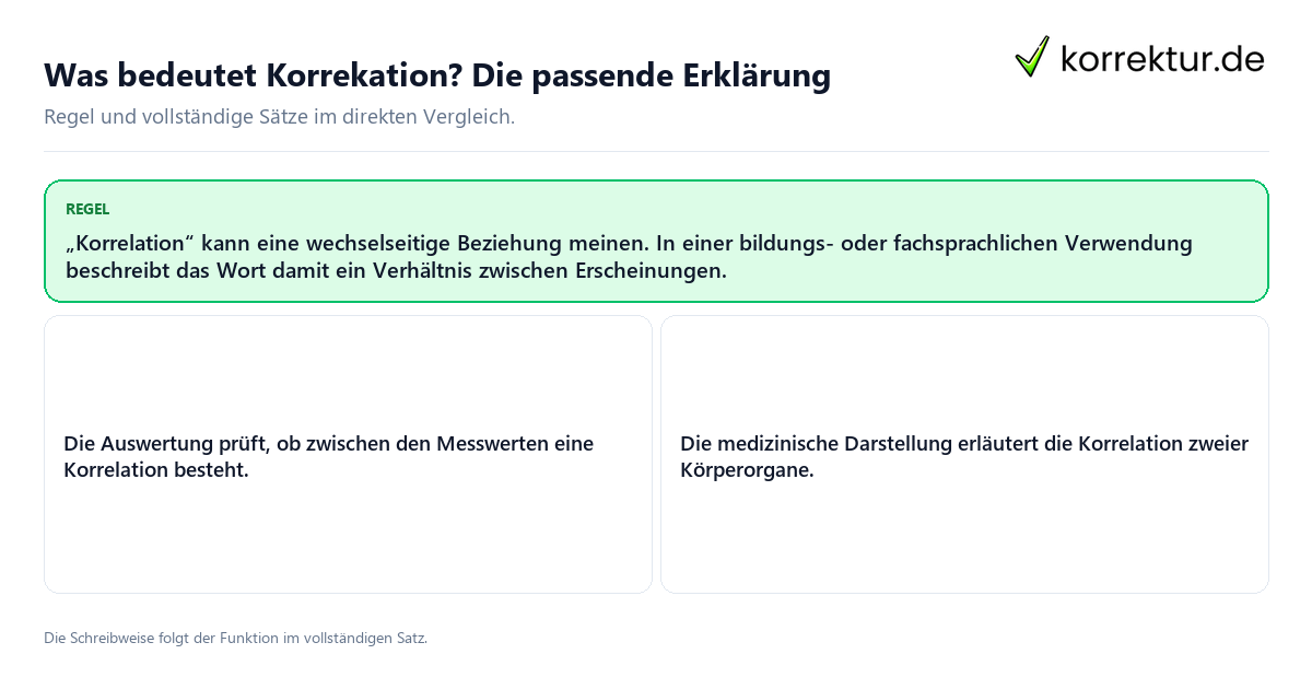 Was bedeutet Korrekation? Die passende Erklärung Konkrete Regel und vollständige Beispielsätze zu Was bedeutet Korrekation? Die passende Erklärung
