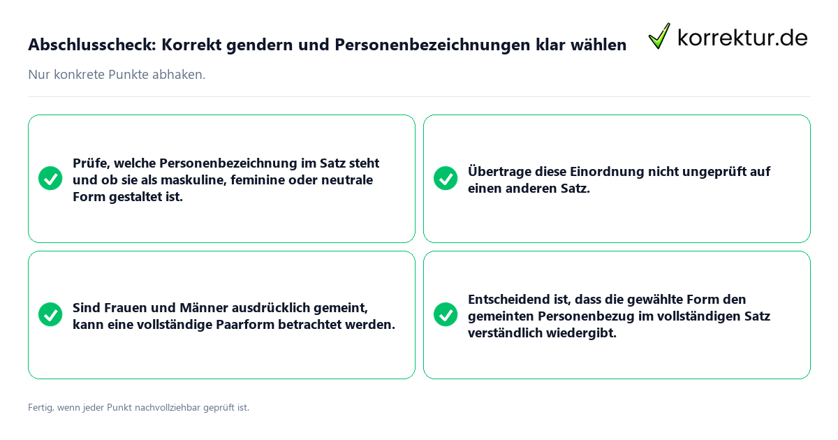 Konkreter Abschlusscheck zu Korrekt gendern und Personenbezeichnungen klar wählen
