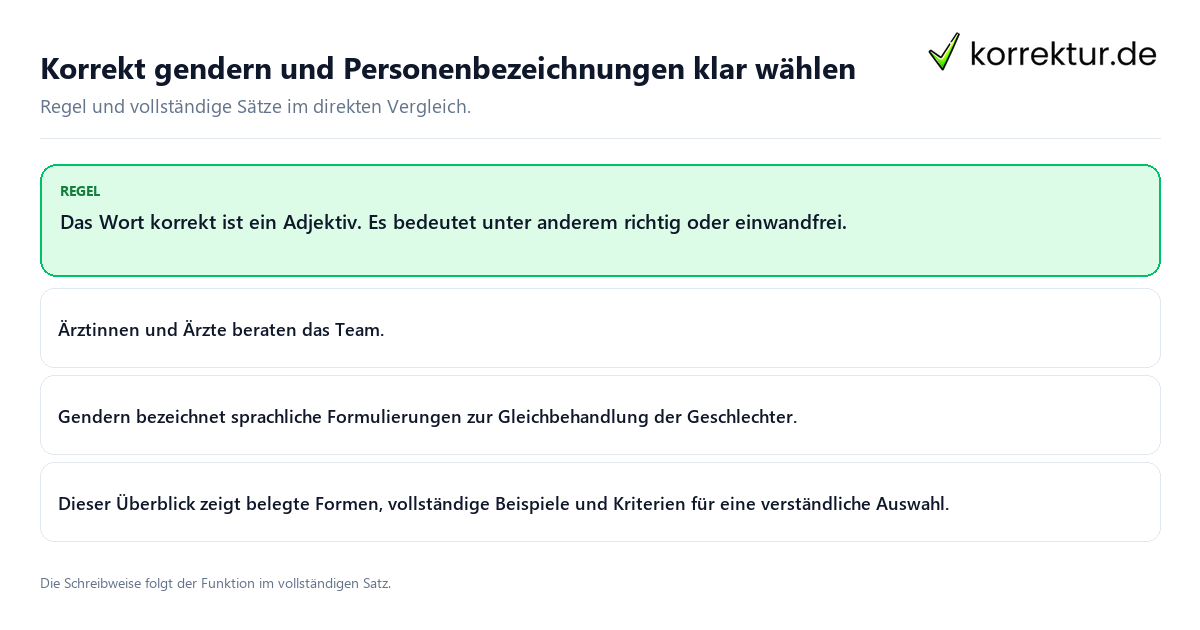 Konkrete Regel und vollständige Beispielsätze zu Korrekt gendern und Personenbezeichnungen klar wählen