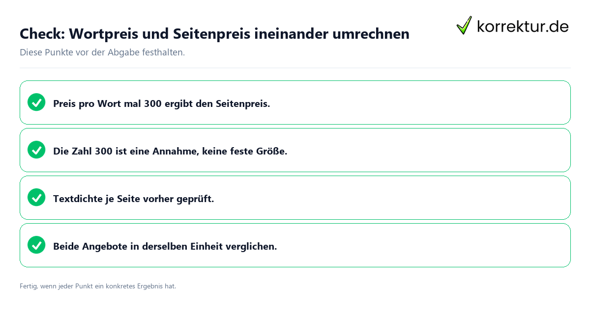 Check: Wortpreis und Seitenpreis ineinander umrechnen Wortpreis und Seitenpreis ineinander umrechnen: Prüfliste mit vier Punkten