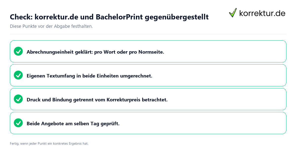 korrektur.de und BachelorPrint gegenübergestellt: Prüfliste mit vier Punkten