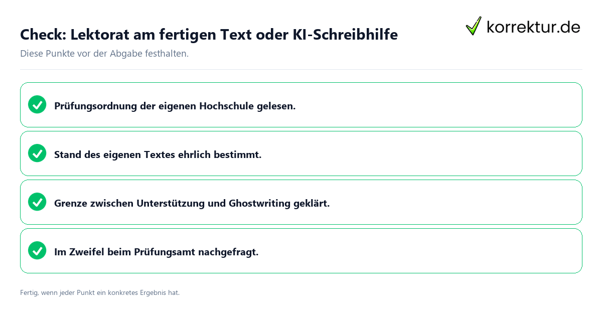 Lektorat am fertigen Text oder KI-Schreibhilfe: Prüfliste mit vier Punkten