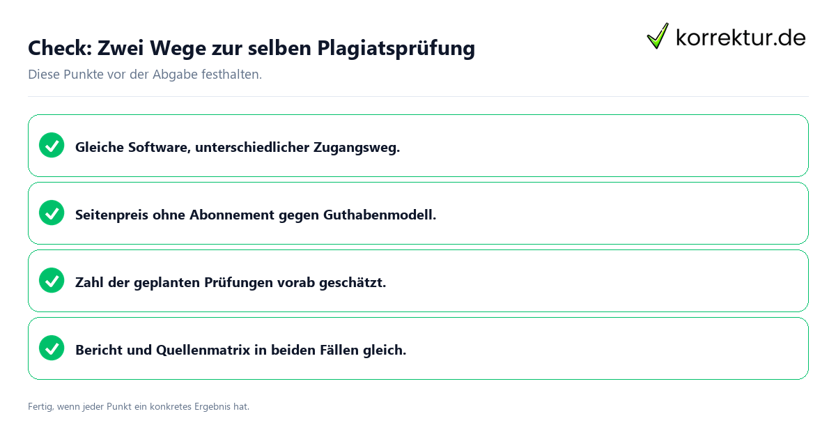 Check: Zwei Wege zur selben Plagiatsprüfung Zwei Wege zur selben Plagiatsprüfung: Prüfliste mit vier Punkten