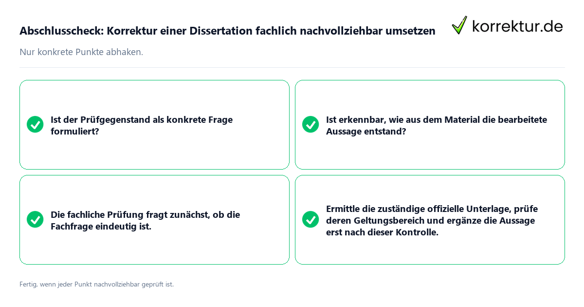 Konkreter Abschlusscheck zu Korrektur einer Dissertation fachlich nachvollziehbar umsetzen