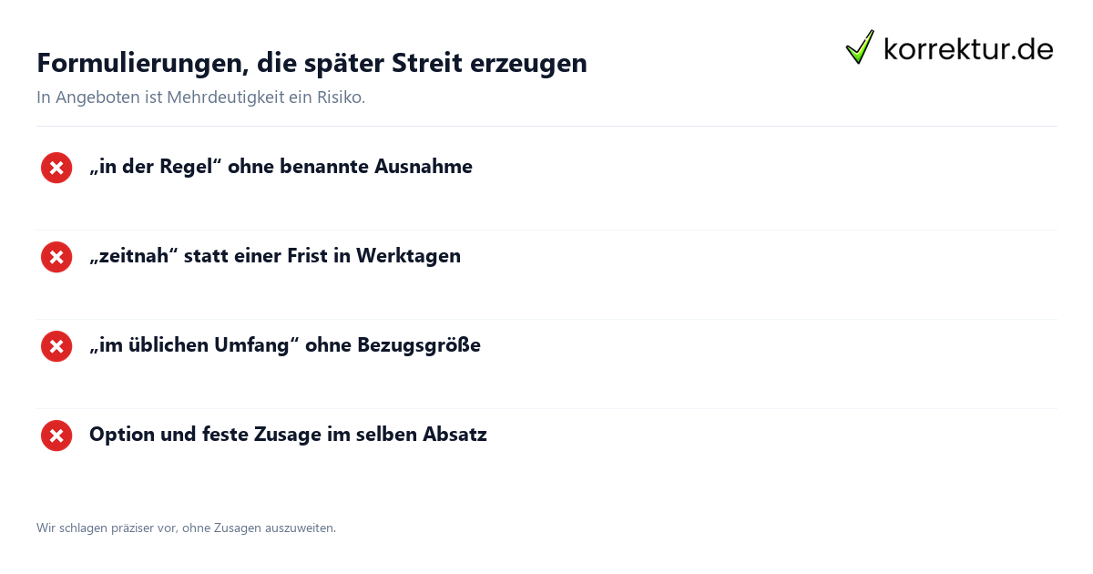 Formulierungen, die später Streit erzeugen Angebotslektorat: mehrdeutige Formulierungen