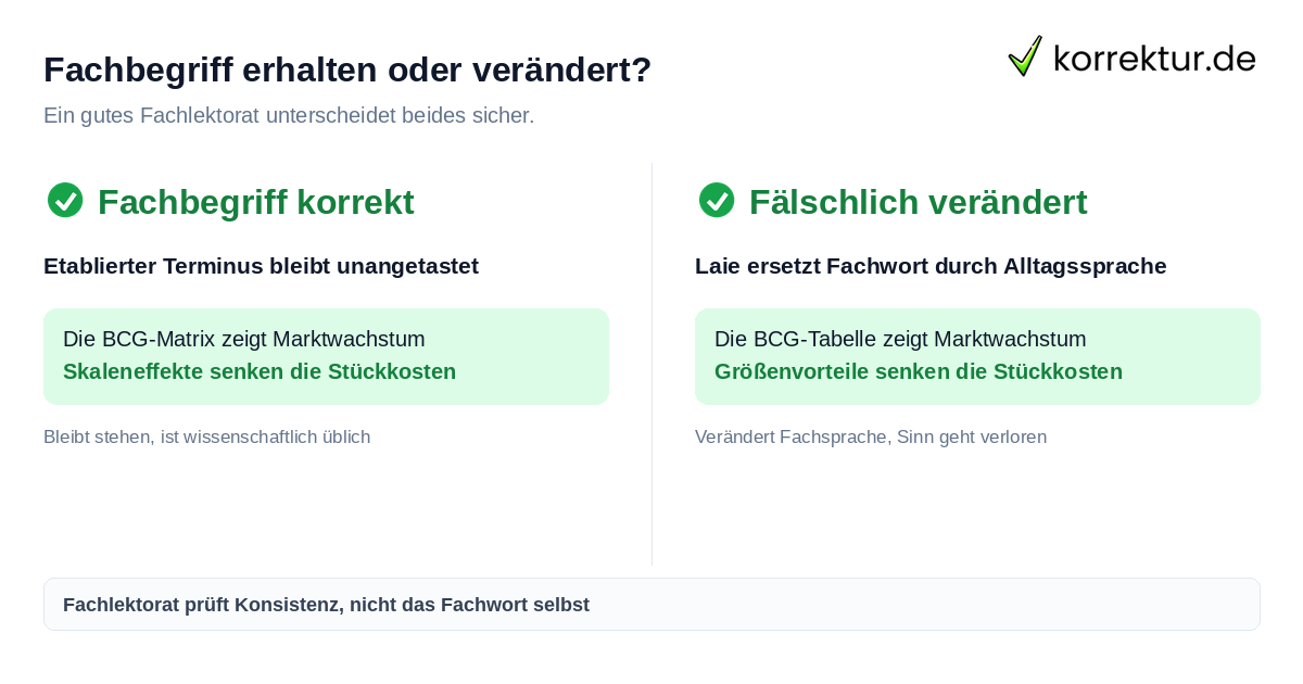 Fachbegriff erhalten oder verändert? BWL-Fachlektorat für Bachelorarbeit und Masterarbeit: Fachbegriff korrekt vs. falsch vereinheitlicht