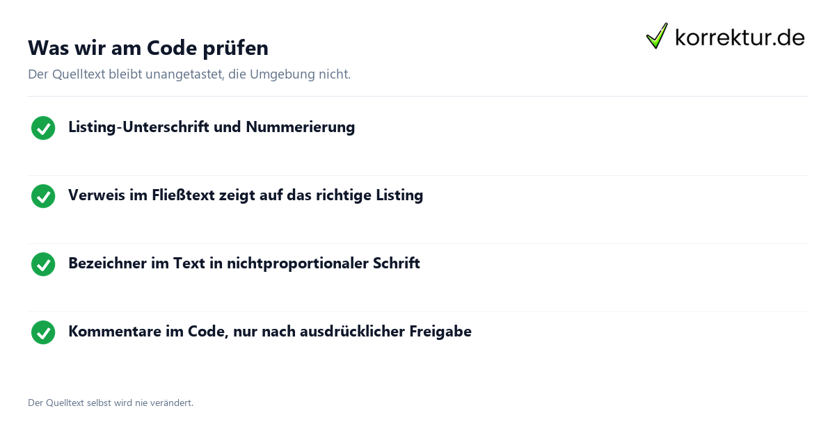 Informatik-Lektorat: geprüfte Elemente rund um Codelistings