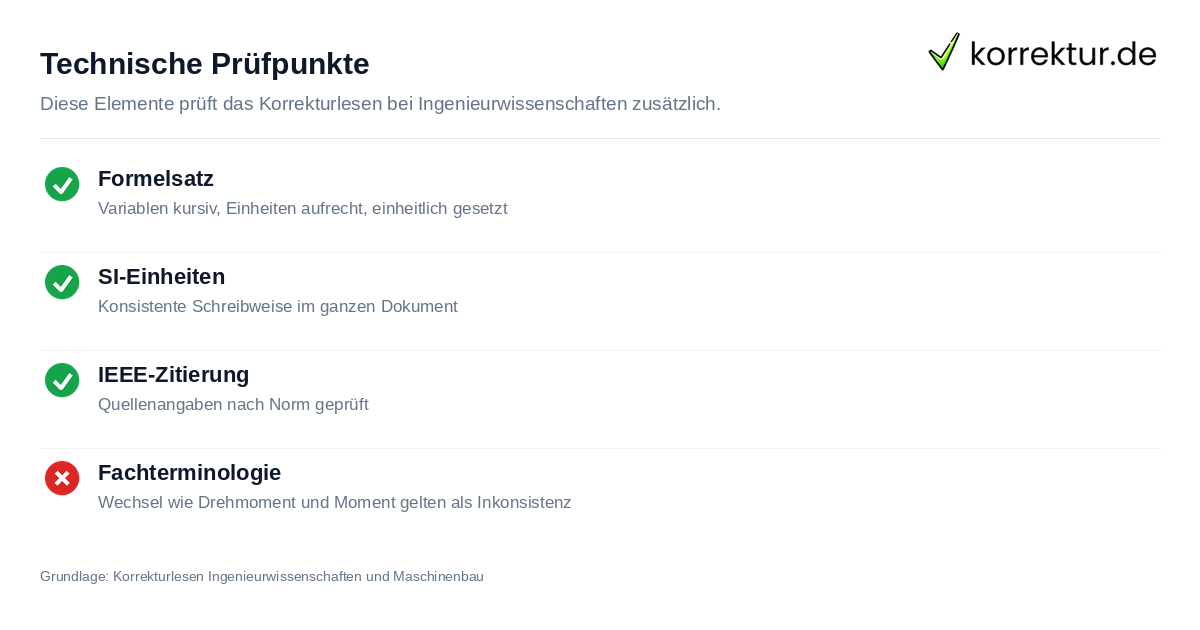 Technische Prüfpunkte Korrekturlesen Ingenieurwissenschaften: Formelsatz, Einheiten und IEEE-Zitation prüfen