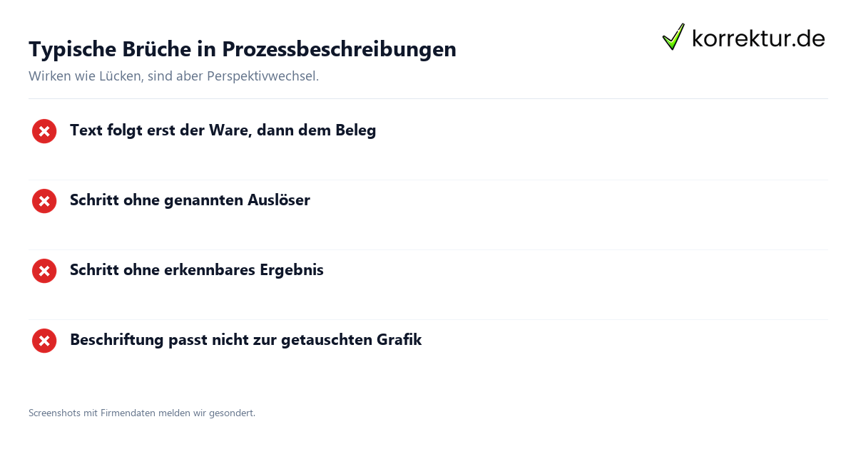 Typische Brüche in Prozessbeschreibungen Logistik-Lektorat: Sprünge in Prozessbeschreibungen