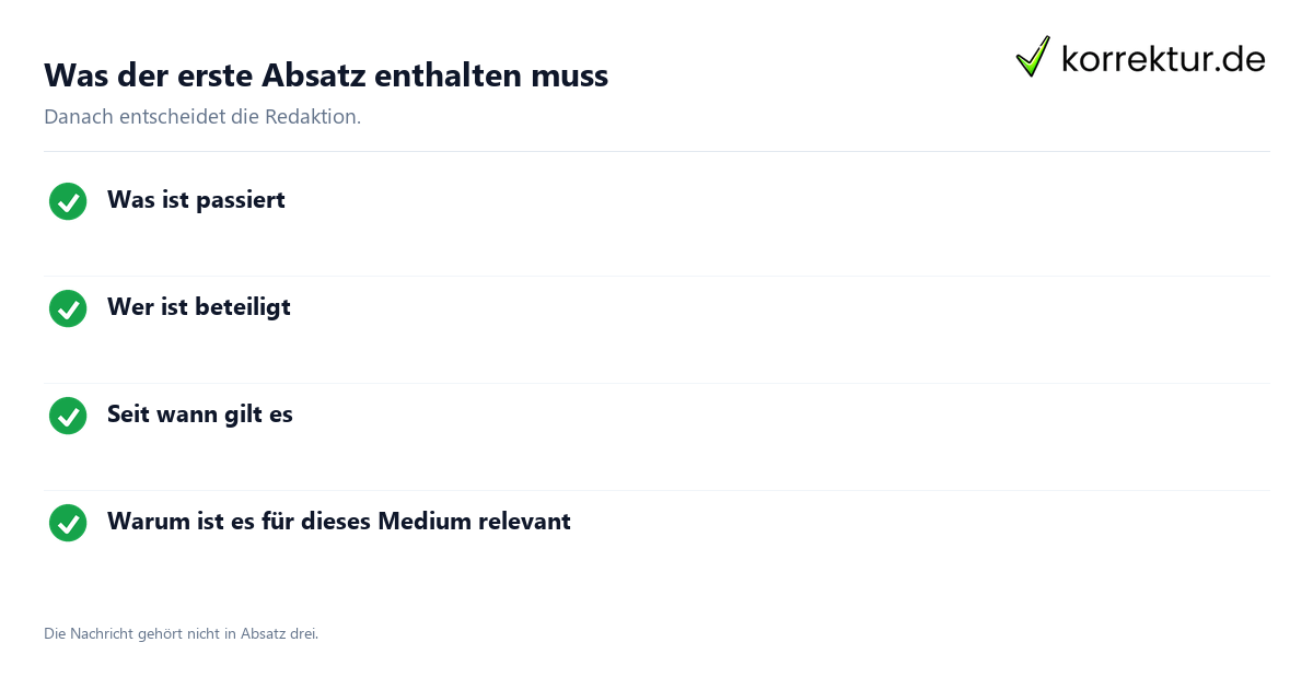 Was der erste Absatz enthalten muss Pressemitteilung: Inhalt des ersten Absatzes