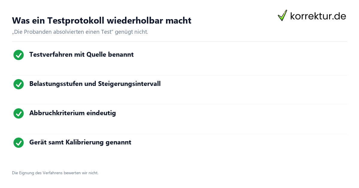 Was ein Testprotokoll wiederholbar macht Sportwissenschaft: Angaben im Testprotokoll