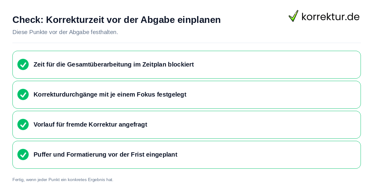 Korrekturzeit vor der Abgabe einplanen: Prüfliste mit vier Punkten